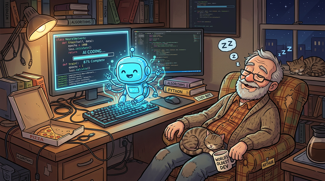 Cartoon old developer resting, AI coding assistant working